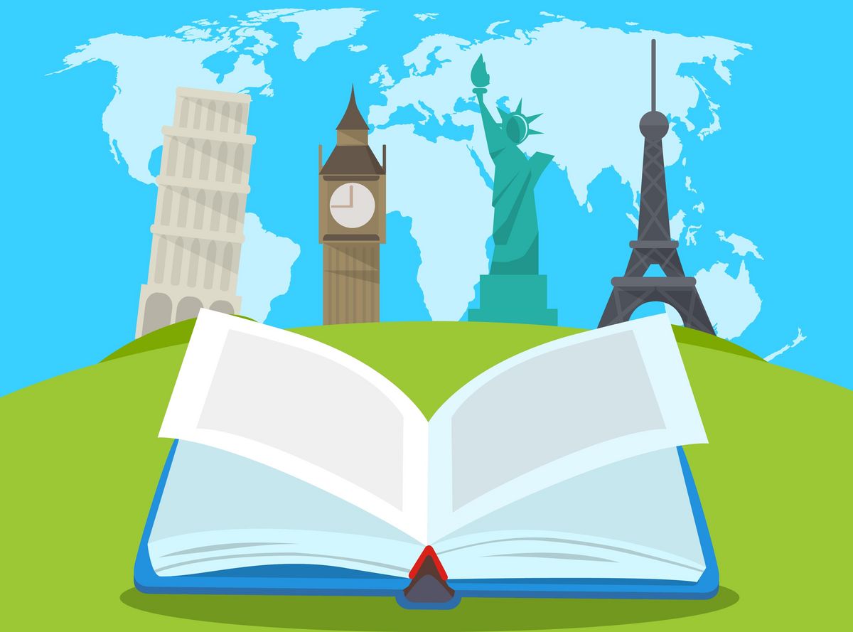 zur Vergrößerungsansicht des Bildes: Comic: offenes Buch im Vordergrund, Sehenswürdigkeiten der Welt im Hintergrund, darüber der Schriftzug: Studying Abroad?