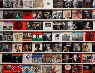 Großes Regal mit darin aufgestellten Schallplatten